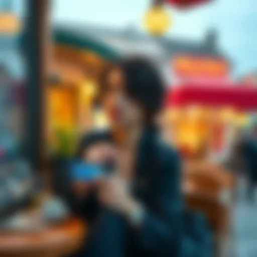 A woman holding a Revolut card while sitting at a café in a foreign country, looking thoughtful about finances.