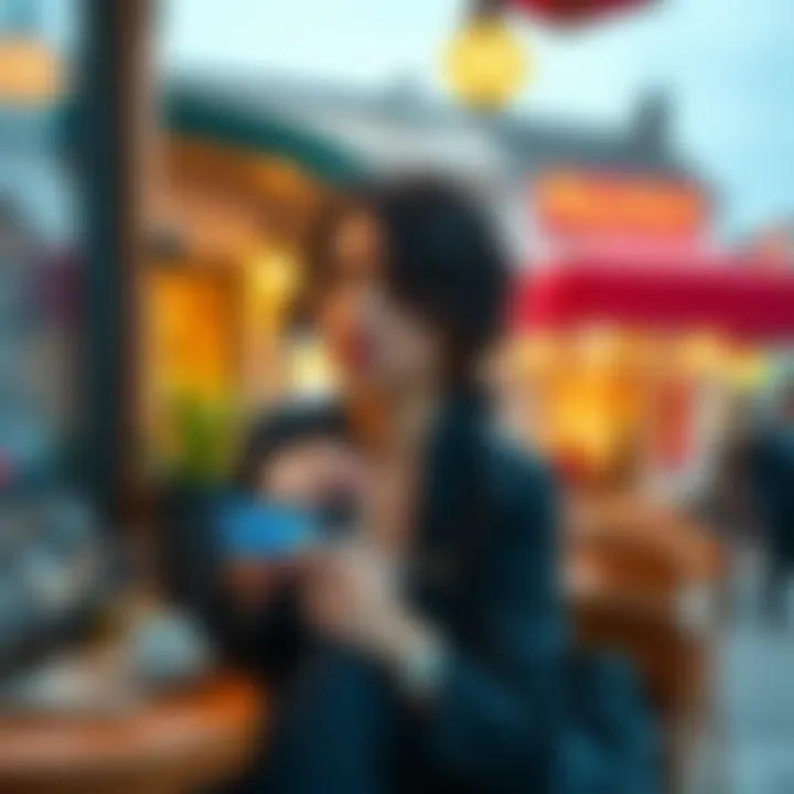 A woman holding a Revolut card while sitting at a café in a foreign country, looking thoughtful about finances.