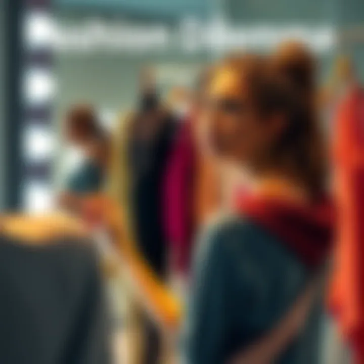 A woman examines her reflection while trying on various tops that have unflattering design lines, showing a mix of frustration and contemplation about her fashion choices.