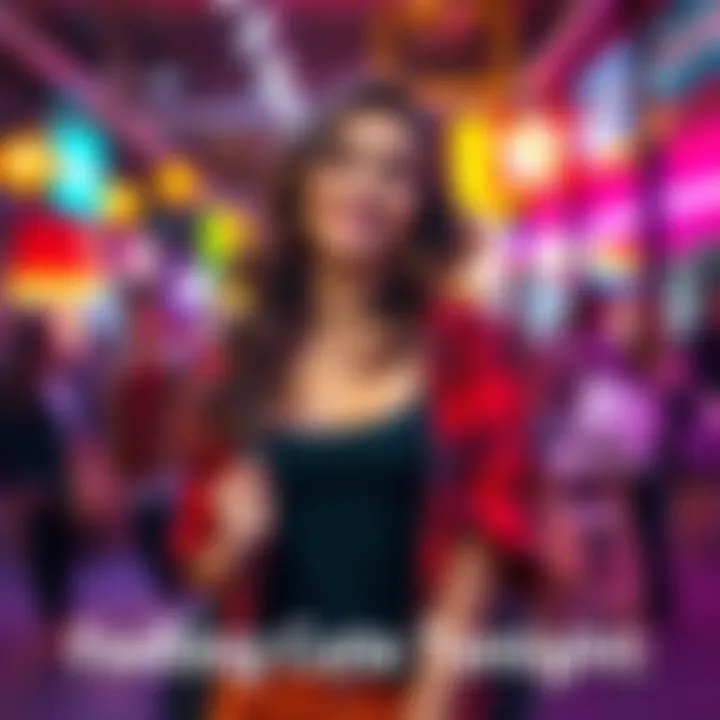 A woman with a bright smile wearing a trendy outfit, standing confidently in a lively setting, representing self-esteem and individuality.