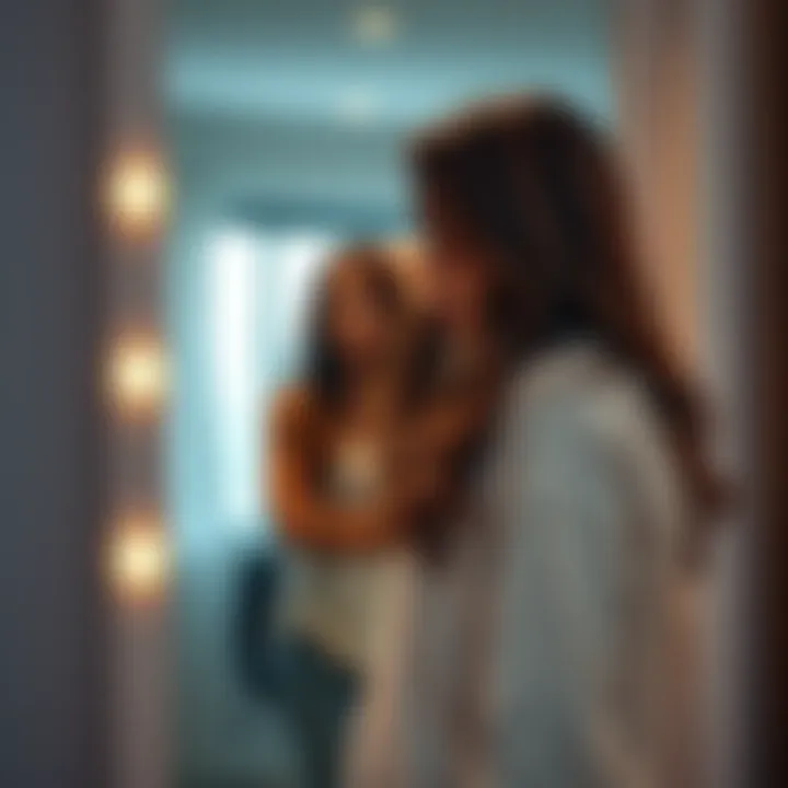 A woman with long hair stands in front of a mirror, wearing a comfortable outfit. She appears thoughtful and reflective, contemplating her body image and confidence.