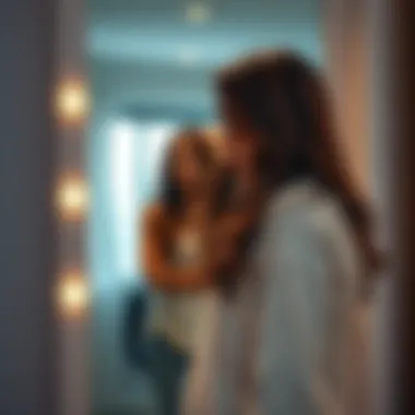 Woman in casual outfit looking at herself in the mirror A woman with long hair stands in front of a mirror, wearing a comfortable outfit. She appears thoughtful and reflective, contemplating her body image and confidence.