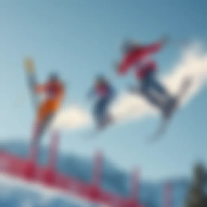 Three women skiers performing tricks in the air during the Women's Ski Big Air event at the Winter Olympics 2026