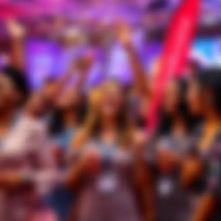 A group of diverse women engaging and celebrating at the #HerVisionHerTrade crypto event, with banners and prizes visible in the background.