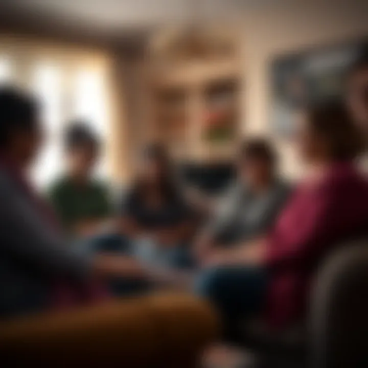A group of women talking and sharing experiences about their family heritage related to bust sizes, sitting in a cozy living room setting.