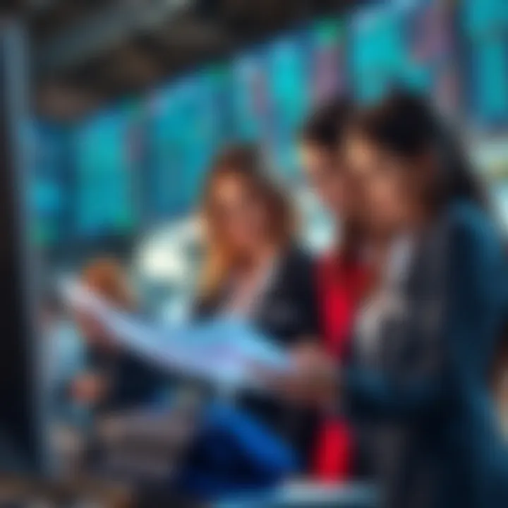 Women Trading with Strong Strategies A group of women traders analyzing charts and discussing strategies together at a financial market setting.