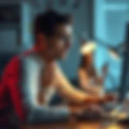 Worker Frustrated by Manager's Assumptions A worker sitting at a desk with a worried expression while a girlfriend is seen in the background, illustrating the tension between personal life and work expectations.