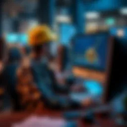 A worker glances at a screen displaying a Bitcoin chart with an upward trend while seated at a desk in an office, earning $12 an hour.