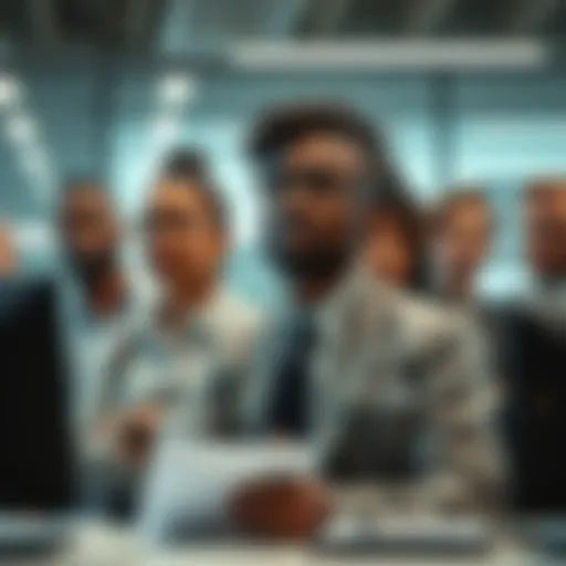 Workers facing capitalism challenges A group of diverse workers looking concerned in an office setting, representing the struggles of modern work life in a capitalist society.