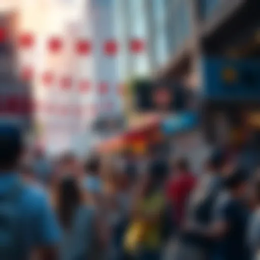 A crowd of international tourists enjoying a festive atmosphere during the World Cup, with shops displaying parcel services and local businesses bustling in the background.