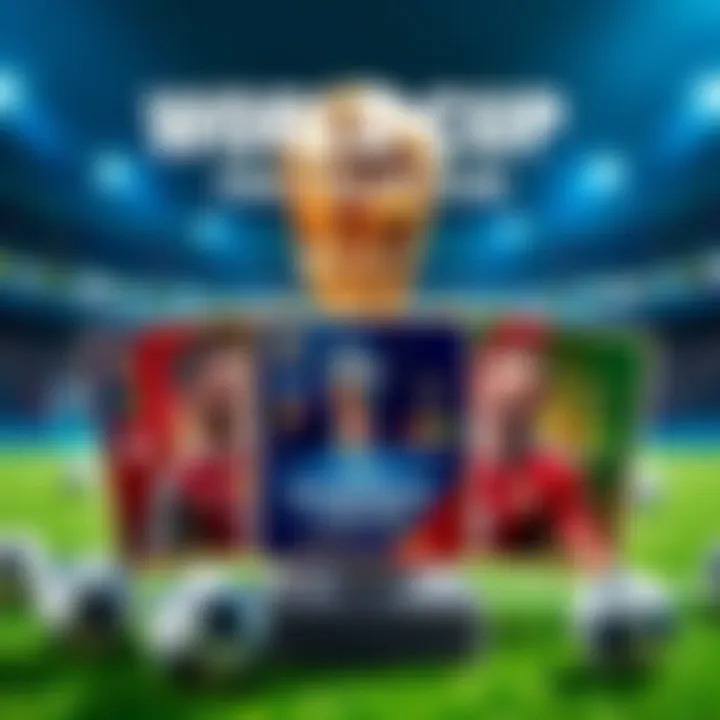 A collection of classic and current season soccer cards displayed with a FIFA World Cup trophy in the background.