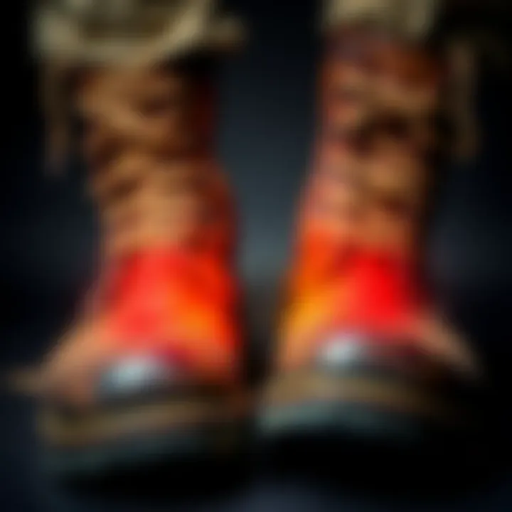 Close-up of worn boots with visible signs of wear, highlighting the discomfort on the top of the feet