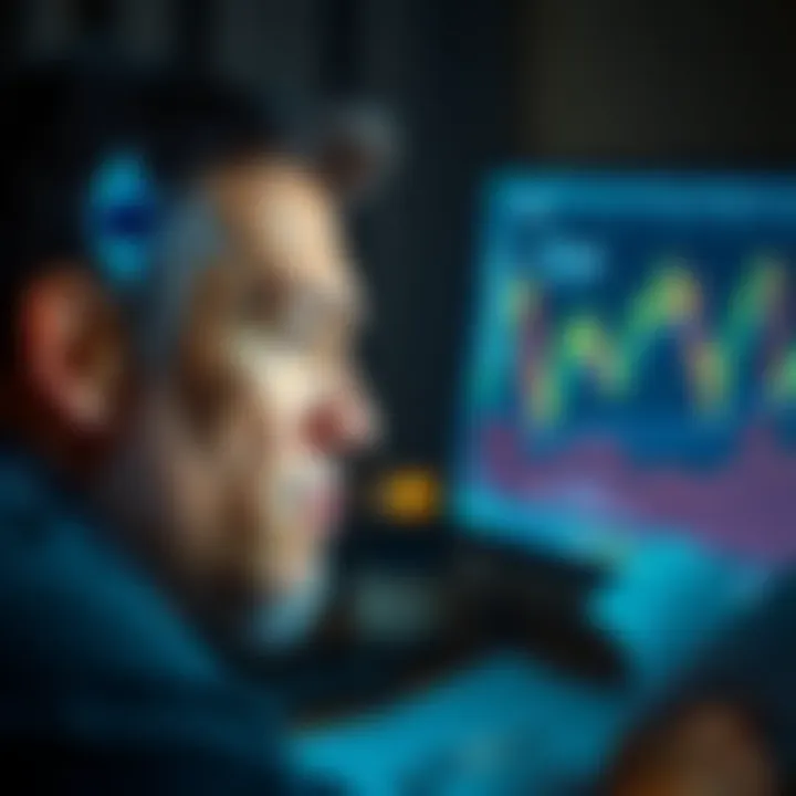 A man with a concerned expression staring at a computer screen displaying an Ethereum price chart, papers scattered around him, indicating financial stress.