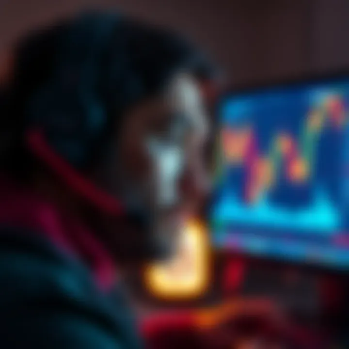 A concerned investor gazes at a computer screen displaying falling cryptocurrency prices, reflecting on financial losses.