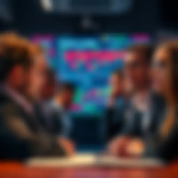 Investors looking worried A group of worried investors staring at stock market graphs on a screen, showing significant losses