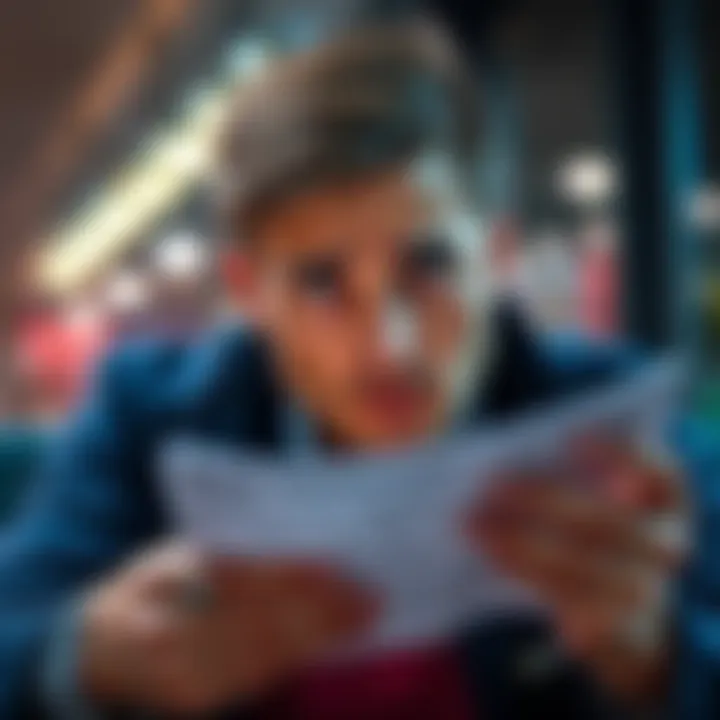 A concerned individual examining a bank statement that shows a negative balance