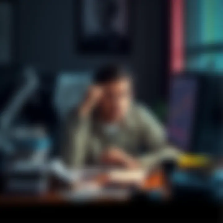 A worried person sits at a desk cluttered with bills and a computer showing a Bitcoin chart dropping to zero.