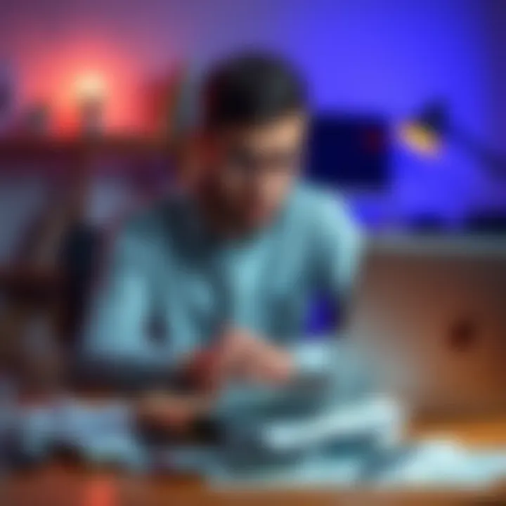 A worried person sits at a desk with a laptop and a pile of bills, concerned about being scammed by a third-party company.