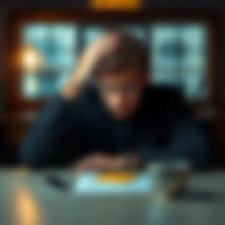 A person looking worried while holding their head A worried person sitting at a table, reflecting on the consequences of following bad advice