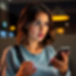 A worried woman discussing her friend's Bitcoin investment with a concerned expression, holding a phone showing a financial app