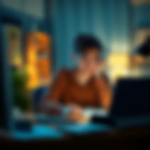 A young adult sitting at a desk, looking stressed and contemplating their financial losses from cryptocurrency investments.