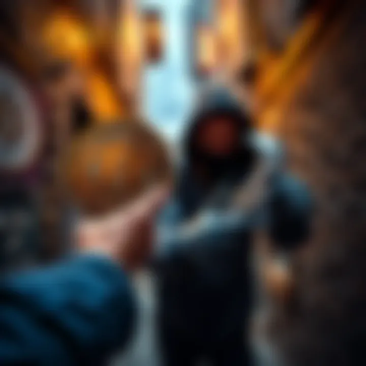 Wrench attack on Bitcoin holder A person holding a Bitcoin symbol is confronted by an attacker with a wrench in a dark alley, highlighting the rise in wrench attacks against crypto holders.