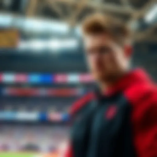 Wyatt in a sports setting Wyatt stands in a sports arena, looking serious, representing the conflict of integrity and steroid use.