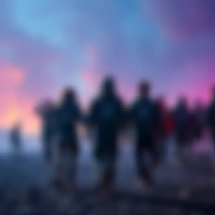 A group of disappointed crypto supporters walking away, symbolizing the disbandment of the XRP Army due to price struggles.