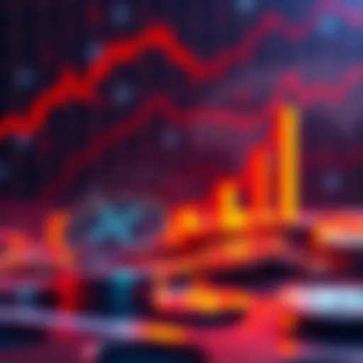 A visual representation of XRP cryptocurrency growth, showing digital coins with upward trend lines and a background of global currency symbols.