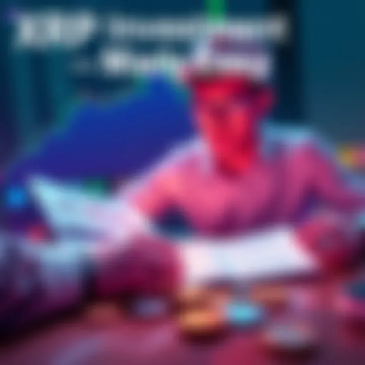 A person analyzing cryptocurrency charts with XRP coins on the table, contemplating investment choices.