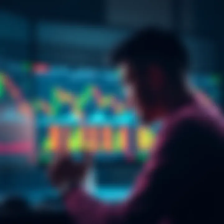 A thoughtful person looking at a screen showing XRP price charts, weighing options for investment.