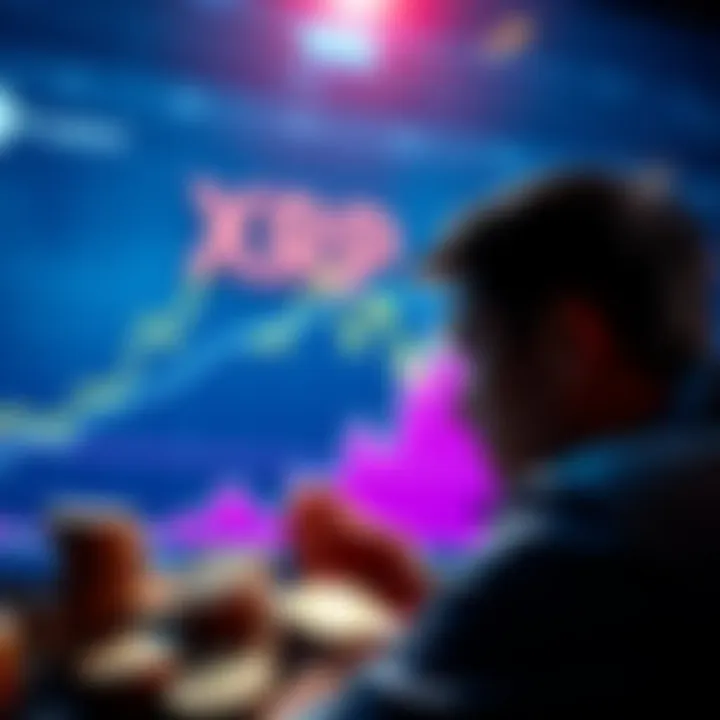A person looking at a chart showing cryptocurrency growth with XRP coins in the foreground.