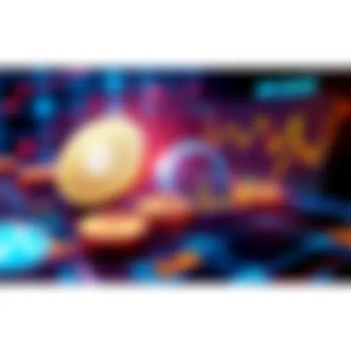 Illustration showing a high volume of transactions on the XRP Ledger with digital tokens and graphs indicating growth in payments and market maker pools