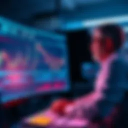A financial analyst reviewing XRP trends on a computer screen filled with graphs and data