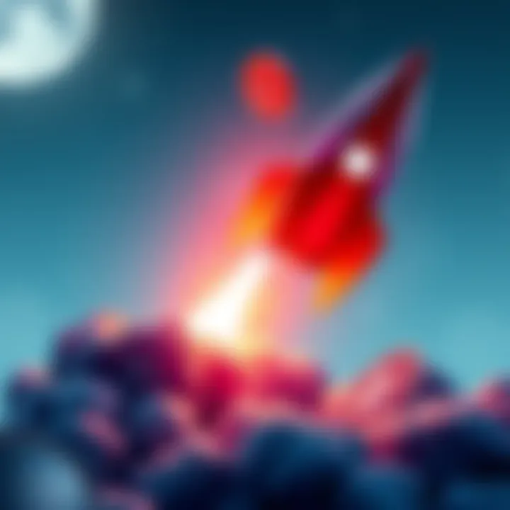 A rocket representing XRP taking off into the sky, symbolizing hopes for price increase in cryptocurrency, with a backdrop of digital currency symbols.