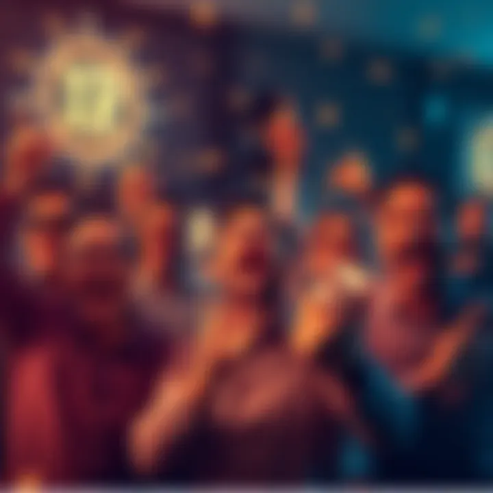 Group of excited investors celebrating the 280% increase in XRP value, showcasing happy expressions and cryptocurrency graphics.