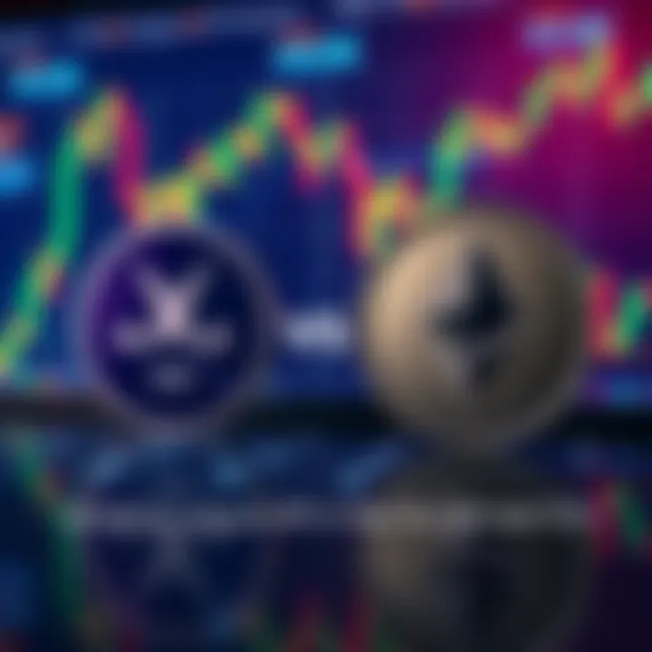 A graphic showing XRP and Ethereum logos with growing financial charts in the background