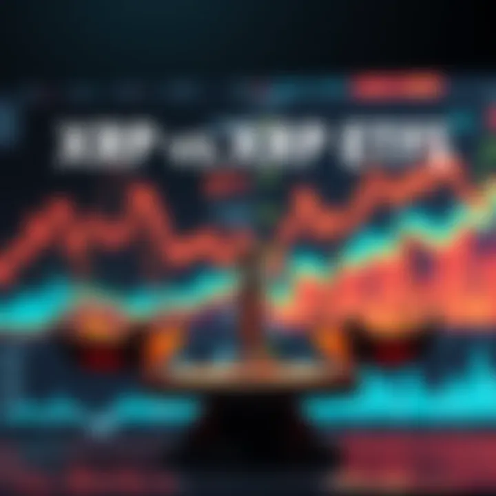 A person weighing options between investing in XRP directly and choosing XRP ETFs, with graphs and charts in the background illustrating financial trends.