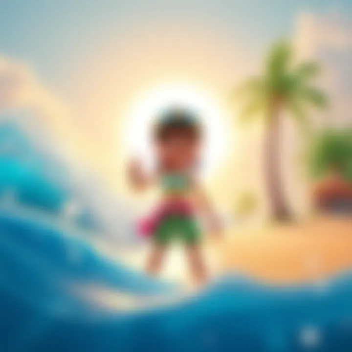 Yakra Character in Beach Story Yakra, a new character with colorful beach attire and playful accessories, poses against a sunny beach backdrop, surrounded by waves and palm trees.