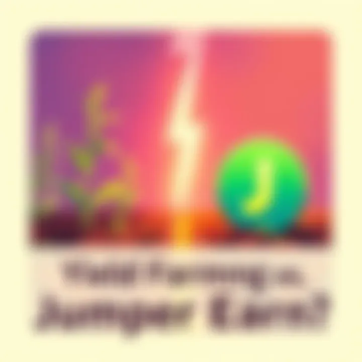 Illustration showing traditional yield farming with plants and a modern Jumper Earn symbol, highlighting the contrast between manual and automated strategies.