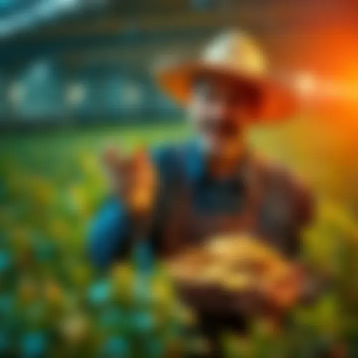 A farmer collecting cash rewards from digital tokens, symbolizing the shift from long-term gains to immediate rewards in yield farming.