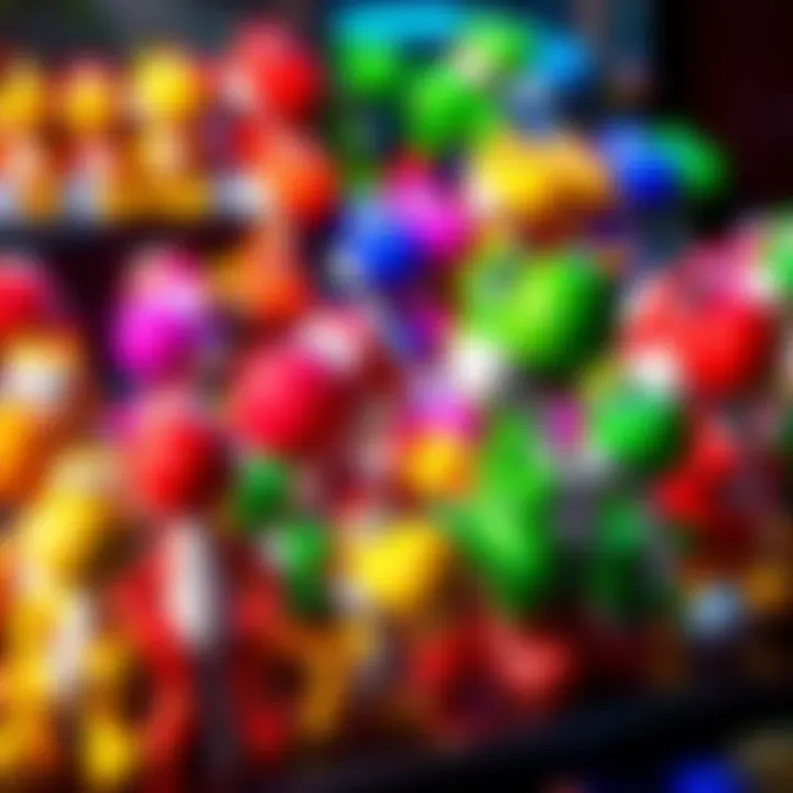 A display of various Yoshi figures in different colors and styles, showcasing collectible toys for fans.