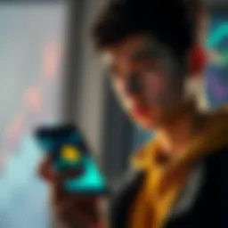 A young adult holding a smartphone displaying Bitcoin charts, looking thoughtful about investment decisions.