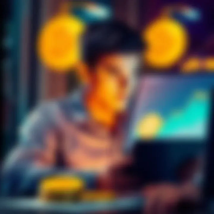 A 20-year-old looking at a chart showing Bitcoin growth and planning retirement savings.