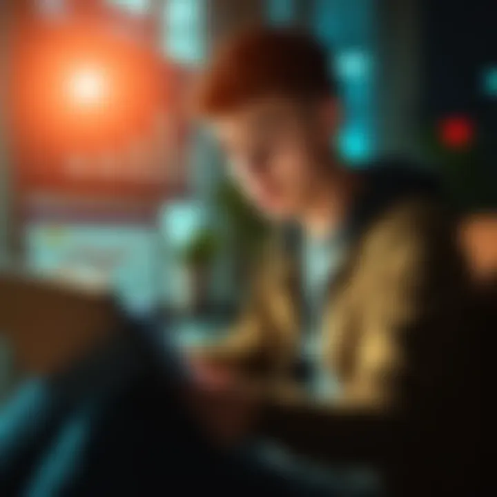 A 22-year-old person looking at financial graphs on a laptop, considering investment strategies while holding a notepad.