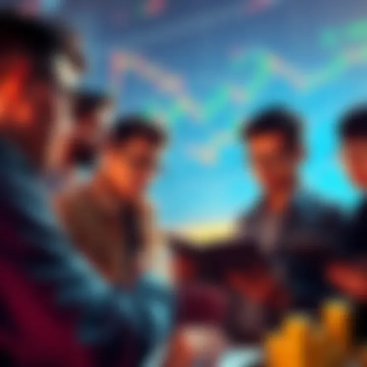 A group of young investors discussing strategies while looking at cryptocurrency charts and coins, focused on making gains.