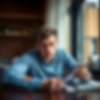 A 23-year-old man sitting at a table with a notebook and calculator, looking thoughtfully at his savings while comparing it to friends' spending habits.