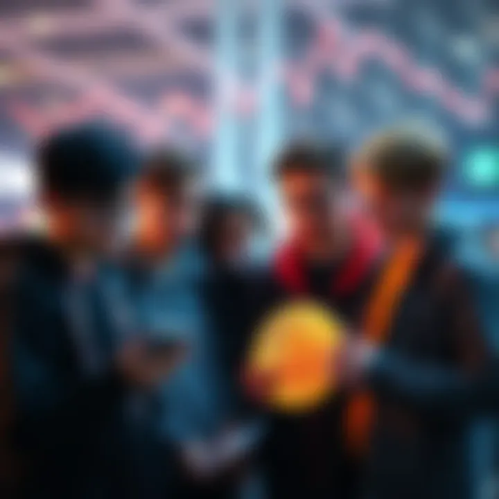 Young People with Bitcoin Group of young individuals reviewing Bitcoin data and discussing cryptocurrency trends
