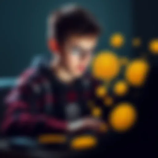 A teenager working on a laptop with Bitcoin symbols around them, representing ways to earn cryptocurrency.