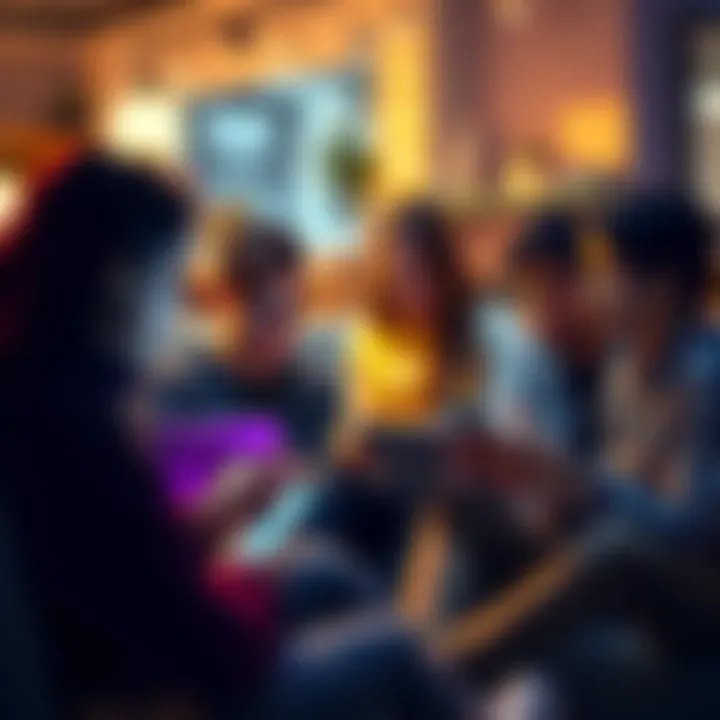 A group of young adults discussing Bitcoin on laptops and smartphones in a casual setting.